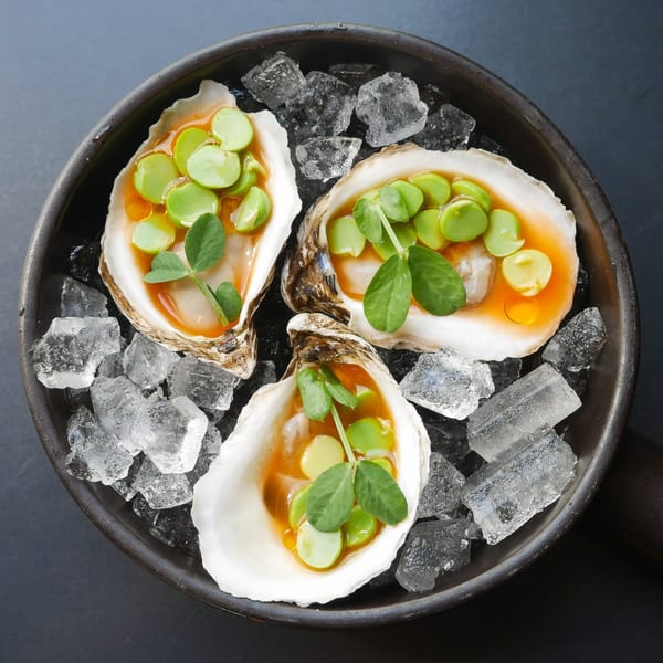 Three oysters on the half shell with green peas and sauce, served on ice in a dark bowl.