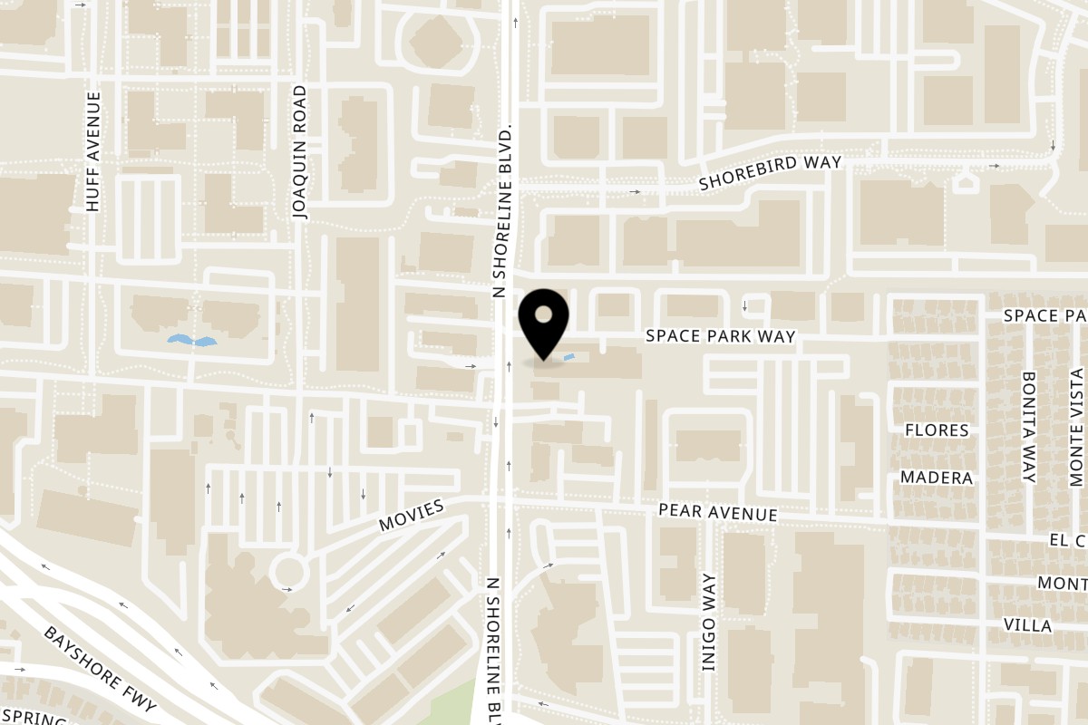 Map showing the location of Broma Restaurant on 1625 N Shoreline Blvd Suite 1 in Mountain View